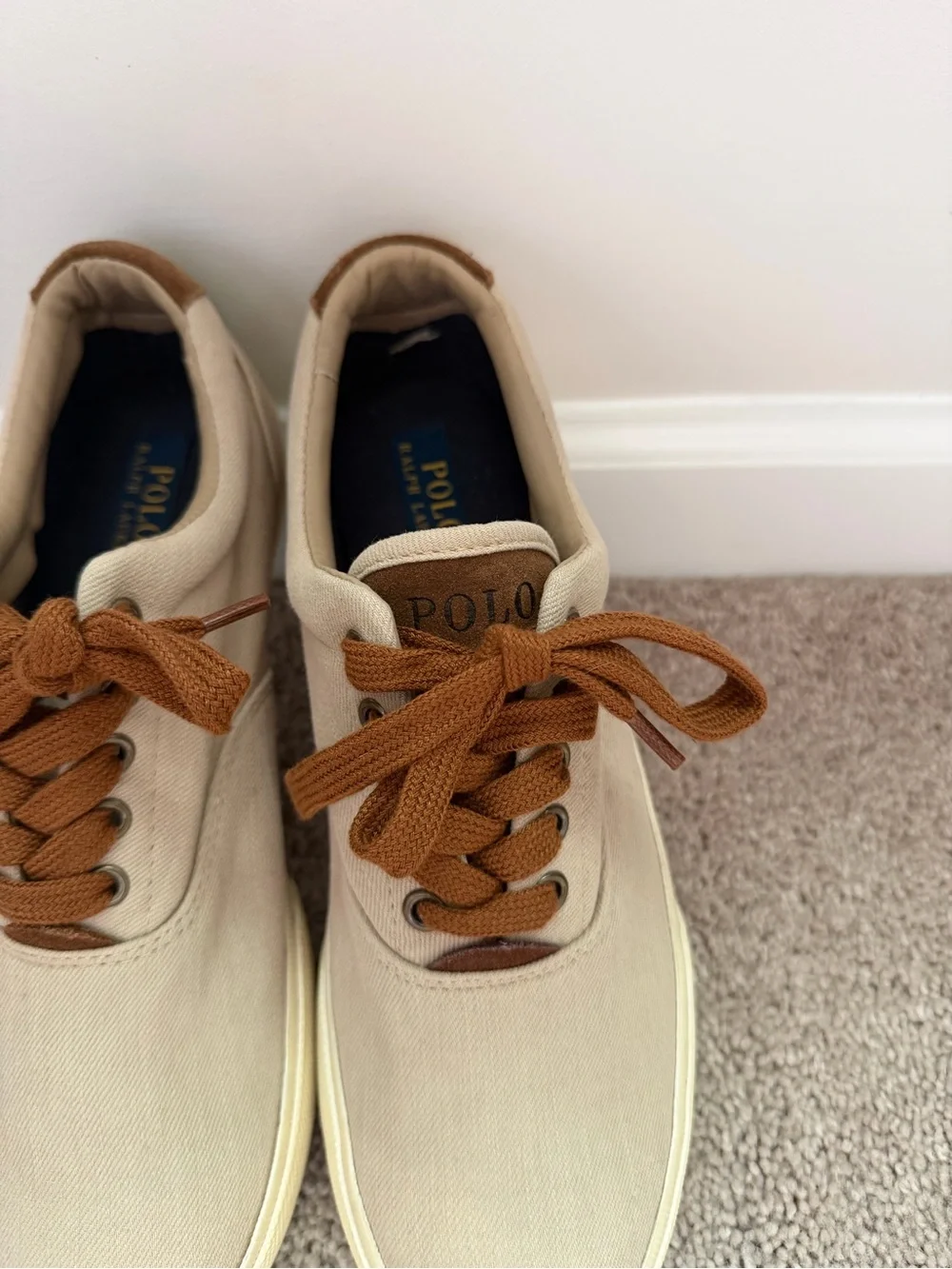Polo by Ralph Lauren Men’s Beige Canvas Sneakers with Brown Laces and Navy Pony